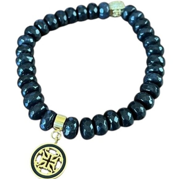 Rustic Cuff Faceted Black Obsidian Natural Stone Logo Stretch Bracelet - Picture 1 of 4